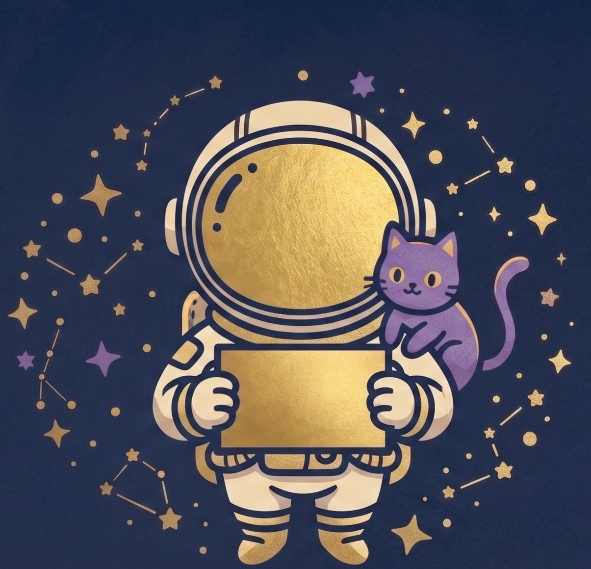 金のボードを持つ宇宙飛行士と紫の猫のイラスト