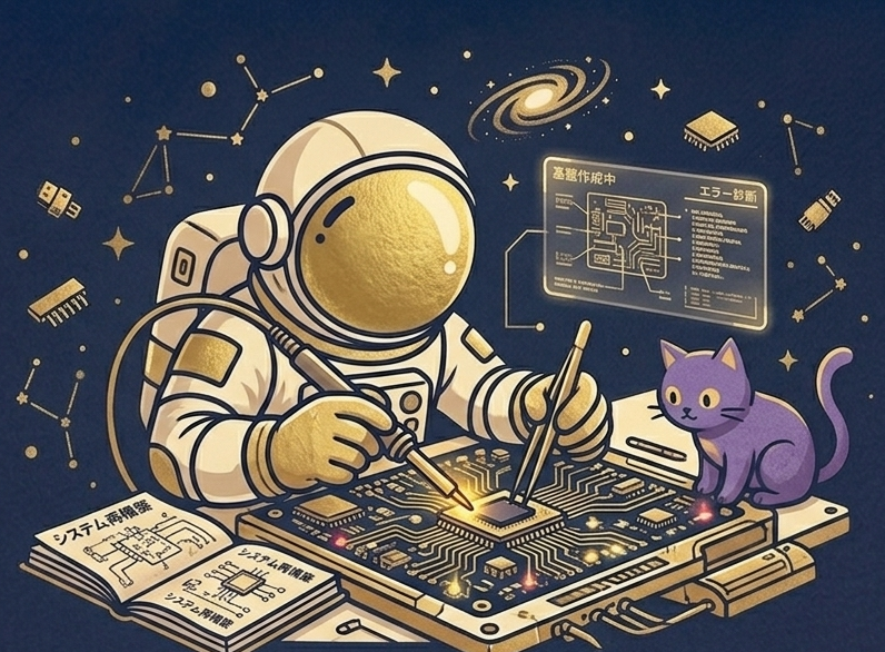 基盤を修理する宇宙飛行士と猫のイラスト