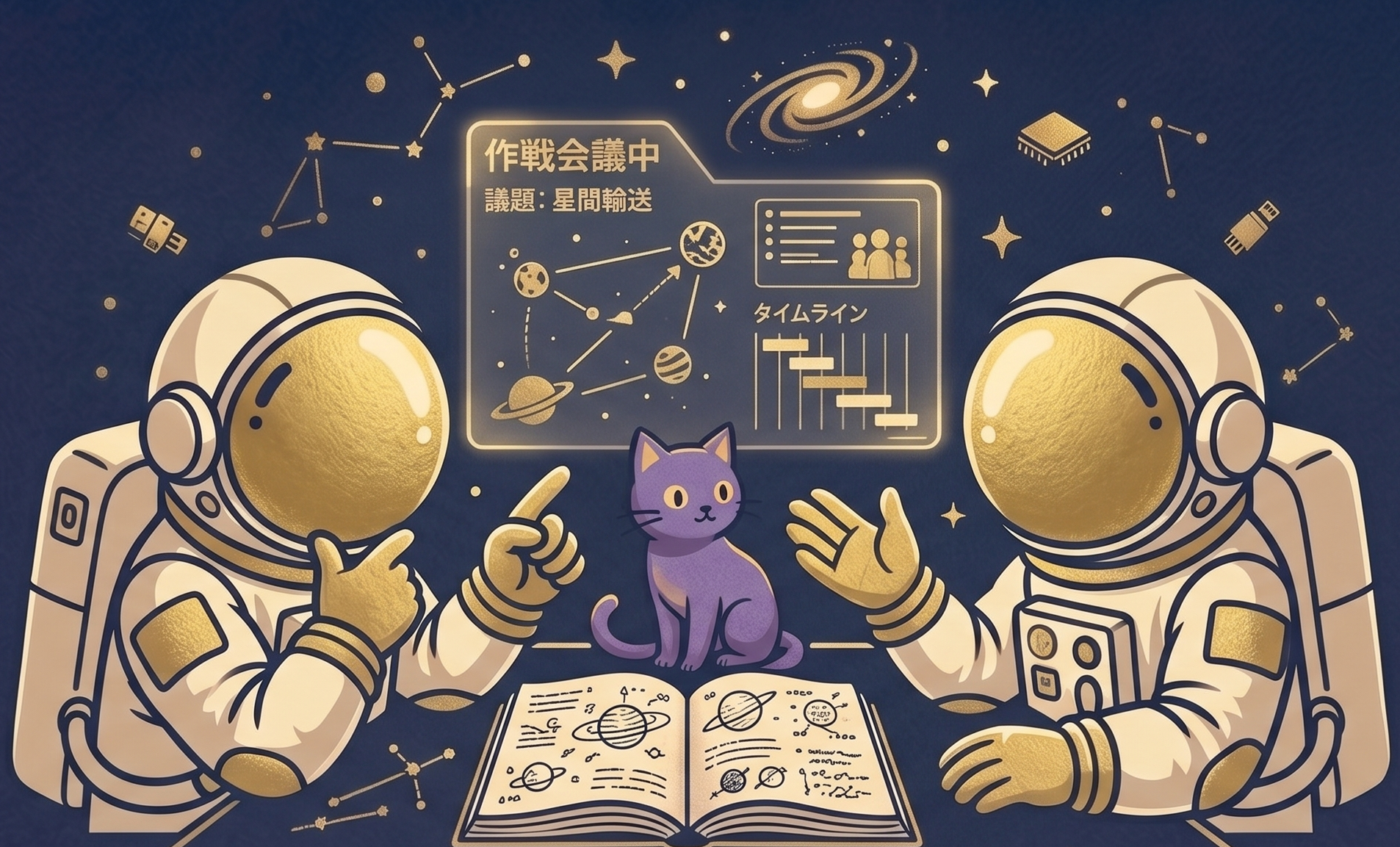 作戦会議をする2人の宇宙飛行士と紫の猫のイラスト