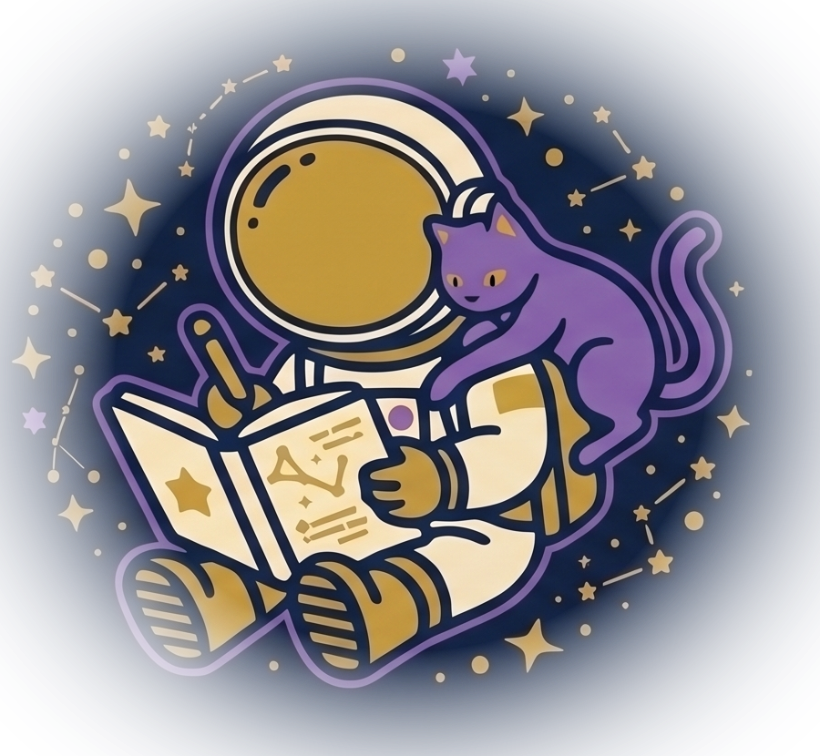 天体ノートを読む宇宙飛行士と紫の猫のイラスト