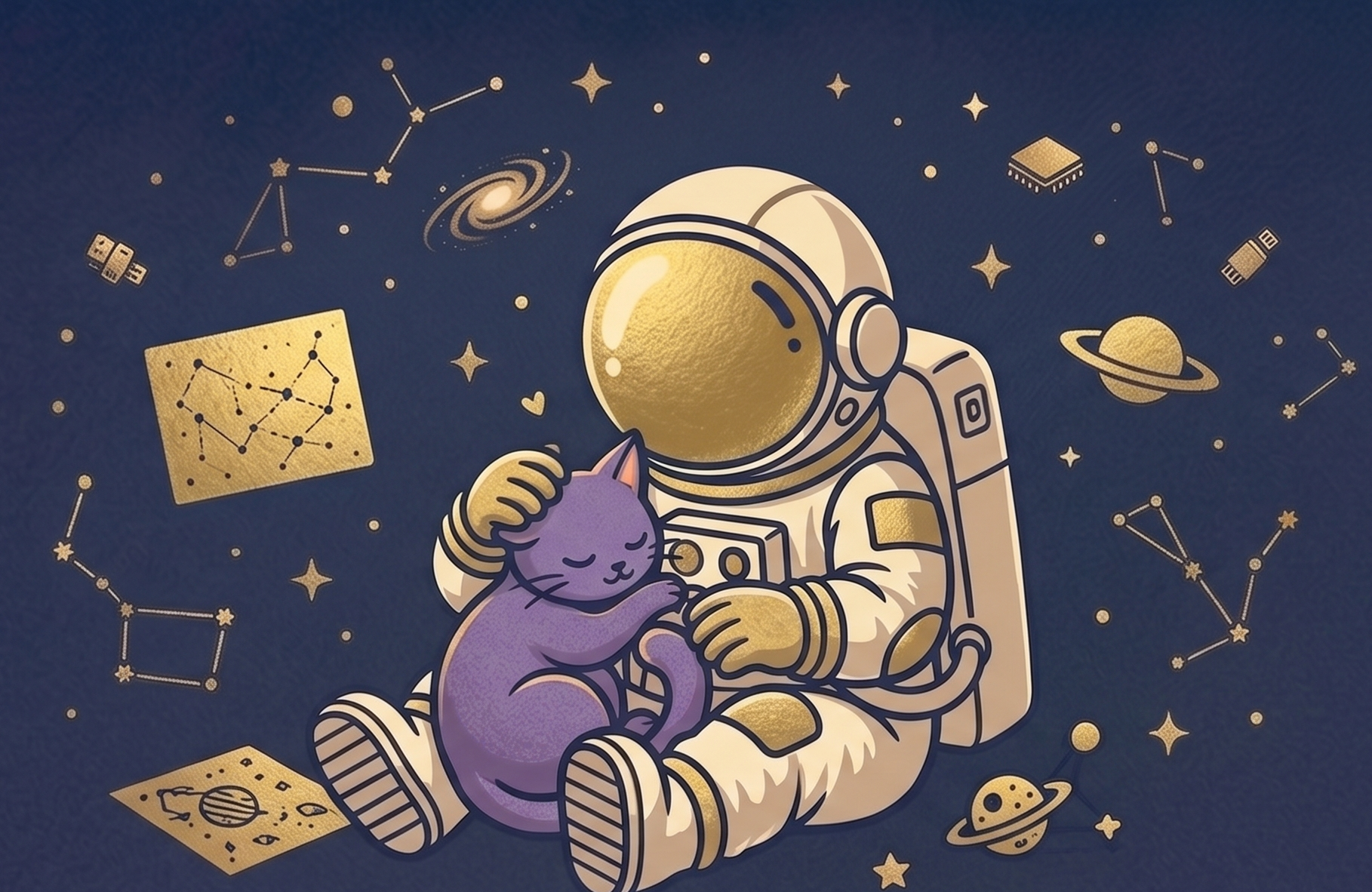 紫の猫を抱く宇宙飛行士のイラスト
