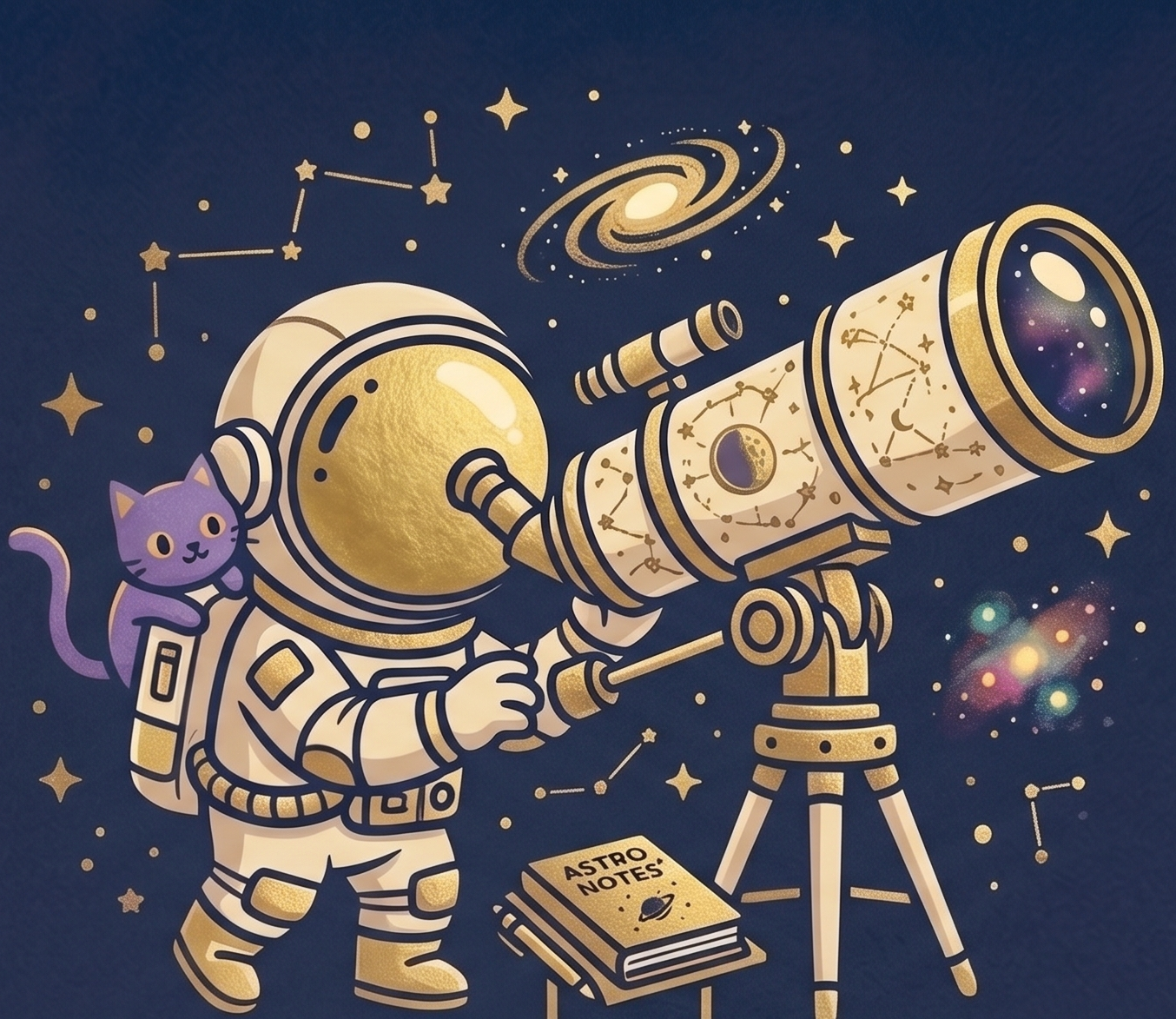 望遠鏡で星を観測する宇宙飛行士と紫の猫のイラスト